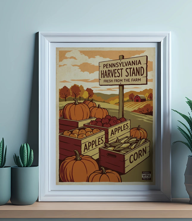 Framed Pennsylvania Harvest Stand sign with apples and corn boxes, autumn scenery.