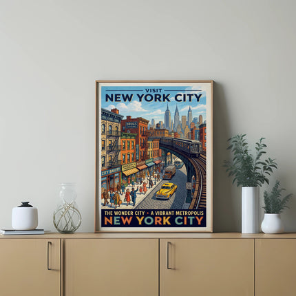 Vintage New York City travel poster with "VISIT NEW YORK CITY" text.
