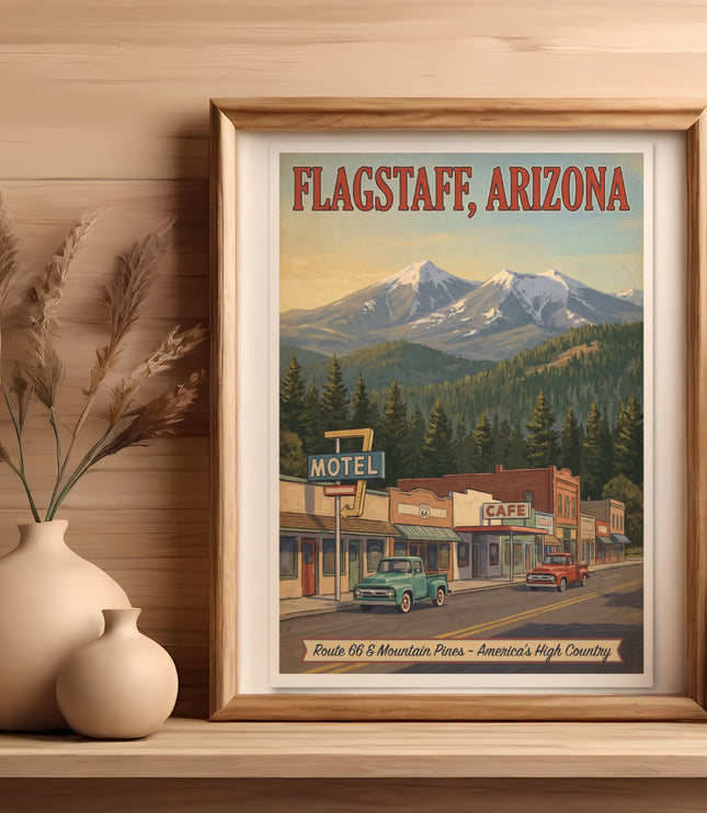 Retro art with "Flagstaff, Arizona" and Route 66 scene.