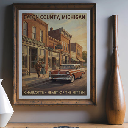 Vintage poster of Eaton County, Michigan, featuring a street scene with a red car.