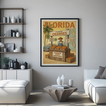Vintage Florida oranges sign with man at fruit stand.