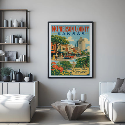 McPherson County Kansas vintage poster with town scene and text.