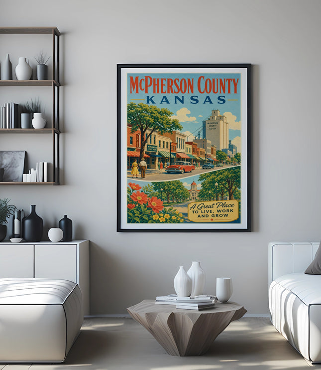 McPherson County Kansas vintage poster with town scene and text.