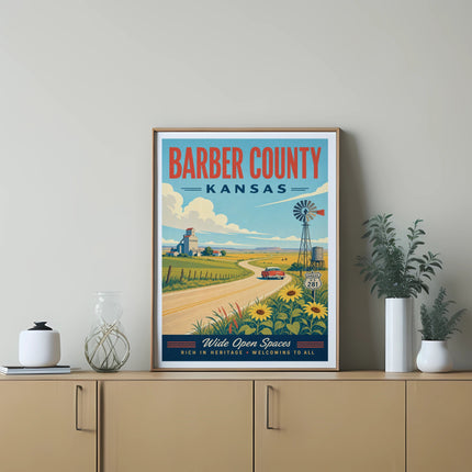 Barber County Kansas poster with windmill, sunflowers, and road sign.