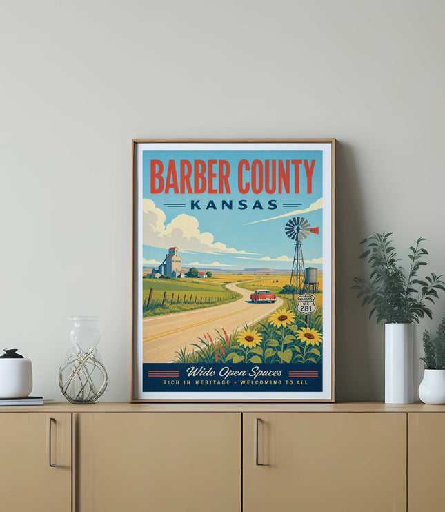 Barber County Kansas poster with windmill, sunflowers, and road sign.