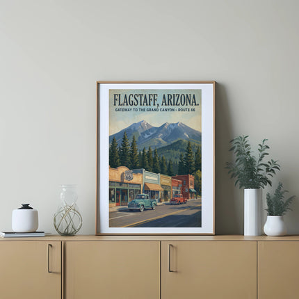 Vintage Route 66 Flagstaff Arizona poster with mountains and a street scene.