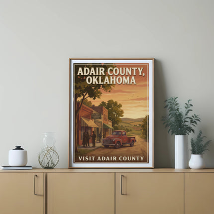 Adair County, Oklahoma vintage travel poster with retro truck and general store.