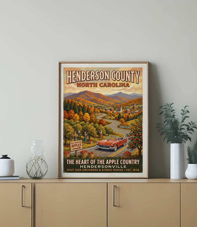 Henderson County, North Carolina poster with apple orchards, scenic road, and vintage car.