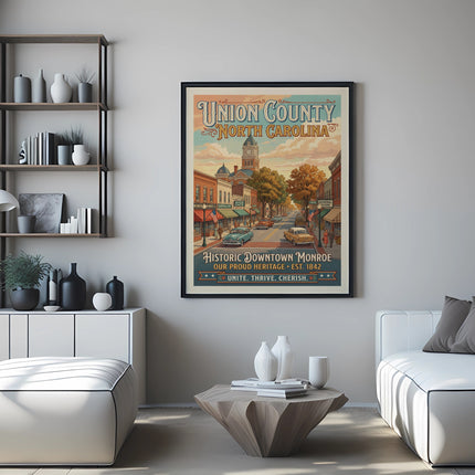 Union County North Carolina poster featuring Historic Downtown Monroe and its heritage.