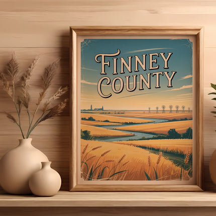 Framed illustration of Finney County with wheat fields and windmills.