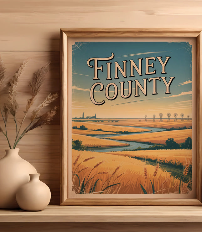 Framed illustration of Finney County with wheat fields and windmills.