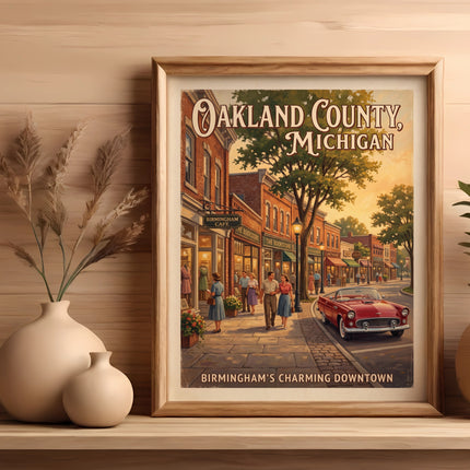 Oakland County, Michigan poster featuring Birmingham's downtown with vintage cars and people.