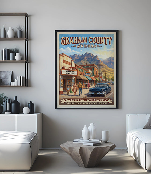 Graham County Arizona vintage poster depicting Safford's main street with mountain views.