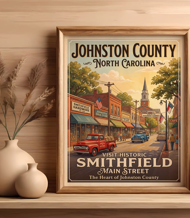 Vintage poster of Smithfield, North Carolina Main Street with text.