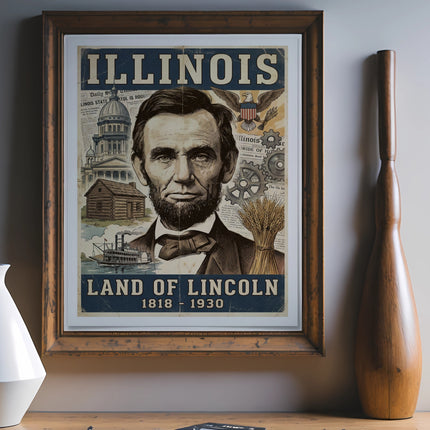 Illinois Land of Lincoln poster featuring Abraham Lincoln portrait.