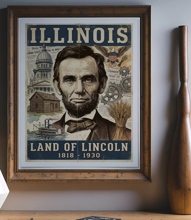 Illinois Land of Lincoln poster featuring Abraham Lincoln portrait.