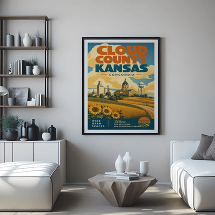 Cloud County Kansas Concordia poster with sunflowers and text.
