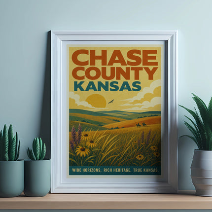 Framed poster featuring Chase County Kansas landscape with text.