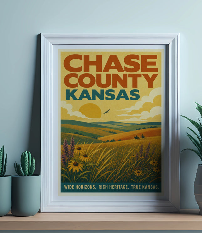 Framed poster featuring Chase County Kansas landscape with text.