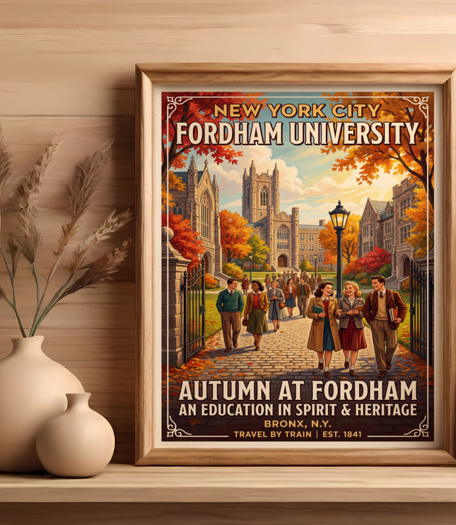 Fordham University autumn travel poster featuring students and campus buildings.