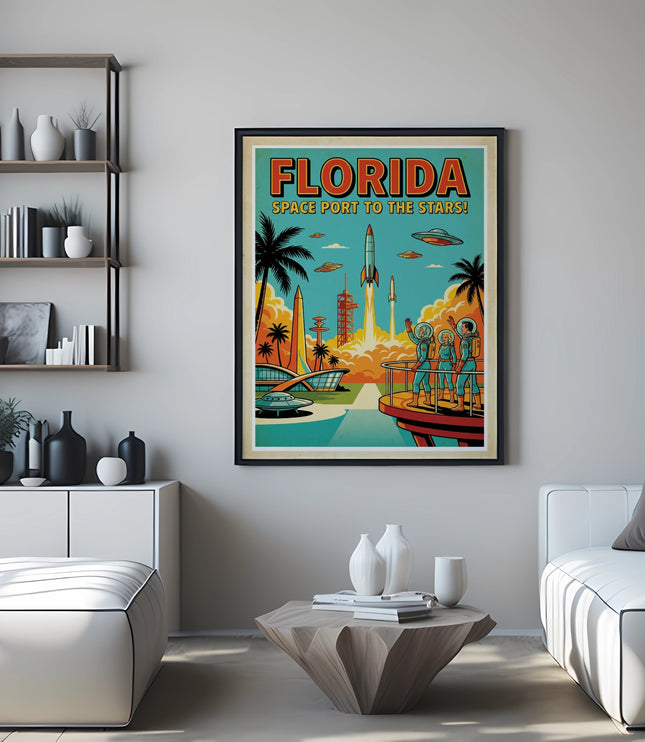 Retro Florida Space Port poster with rockets, palm trees, and astronauts.
