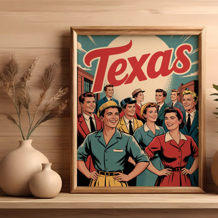 Vintage Texas poster featuring a group of smiling people.