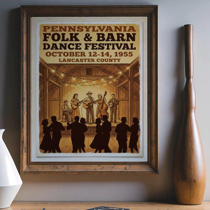 Folk and Barn Dance Festival poster in Lancaster County, October 12-14, 1955.