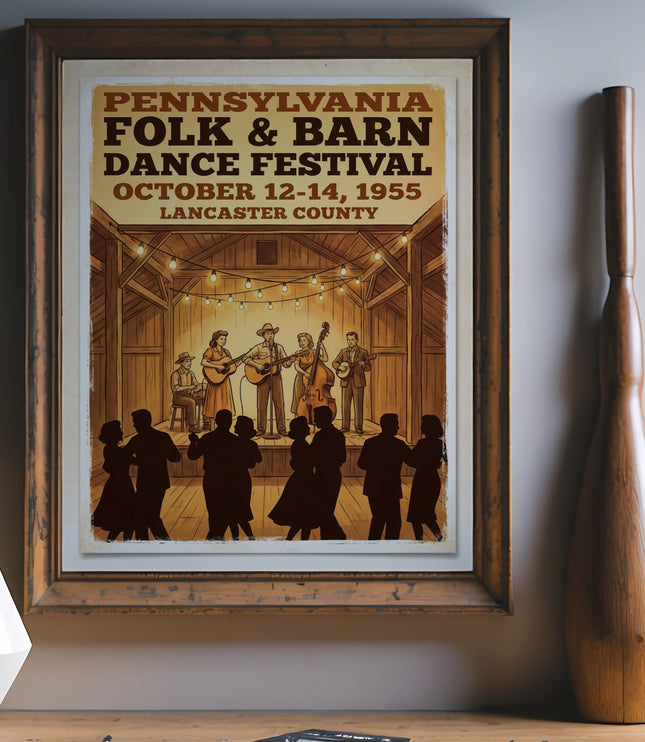 Folk and Barn Dance Festival poster in Lancaster County, October 12-14, 1955.