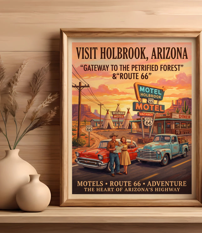 Vintage Holbrook, Arizona poster with "Gateway to the Petrified Forest" and Route 66 themes.