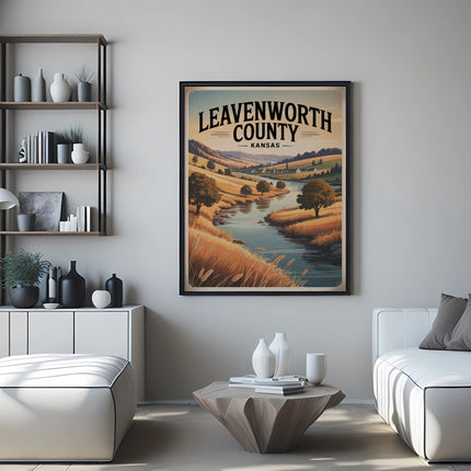 Poster of Leavenworth County, Kansas landscape with river and rolling hills.