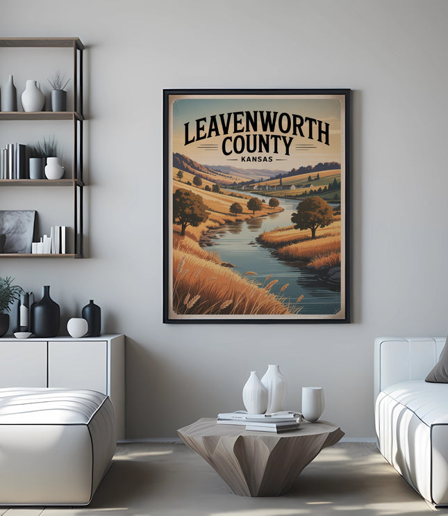 Poster of Leavenworth County, Kansas landscape with river and rolling hills.