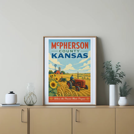 McPherson County, Kansas poster with tractor and sunflower field.
