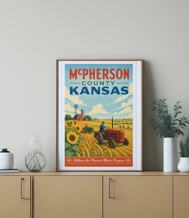 McPherson County, Kansas poster with tractor and sunflower field.