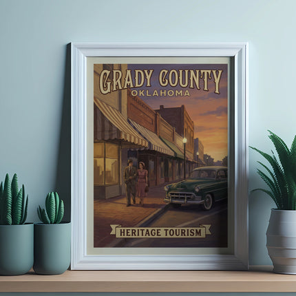Vintage Grady County Oklahoma heritage tourism poster with couple and classic car.