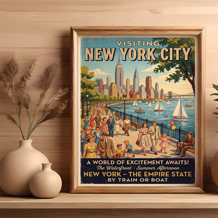 Vintage "Visiting New York City" poster on a wooden shelf with vases.