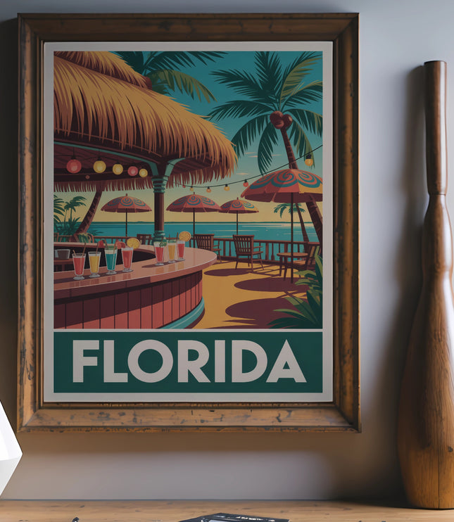 Framed Florida art print featuring tropical beach bar with drinks and palm trees.