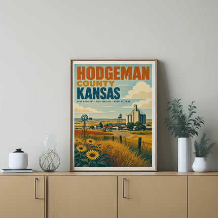 Hodgeman County Kansas poster with farm scene and text.