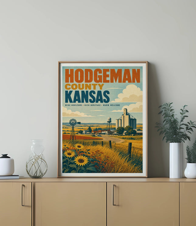 Hodgeman County Kansas poster with farm scene and text.
