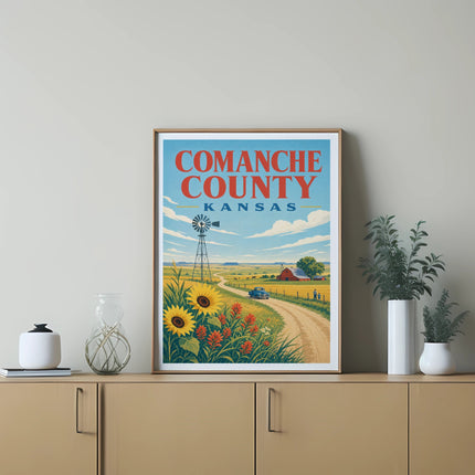 Comanche County Kansas poster with sunflowers, windmill, and farm scene.