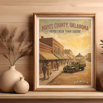 Mayes County, Oklahoma Pryor Creek Town Square vintage travel poster.