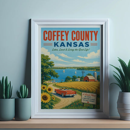 Retro travel poster for Coffey County, Kansas, featuring a convertible on a road.