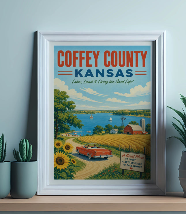 Retro travel poster for Coffey County, Kansas, featuring a convertible on a road.