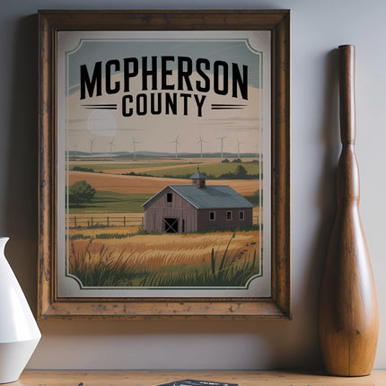 Framed poster with "McPherson County" text above rural scene with barn and wind turbines.