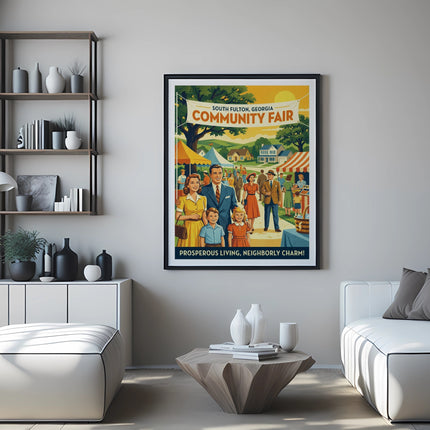Community Fair poster with family standing in front of South Fulton, Georgia.