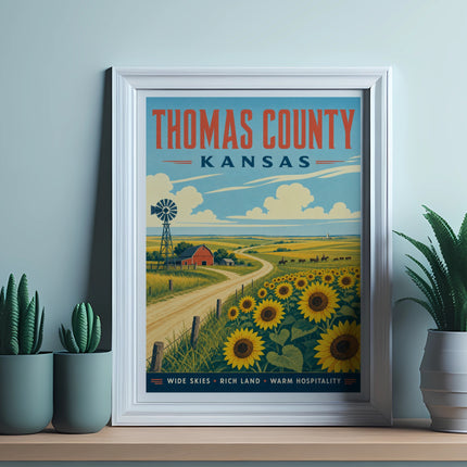 Thomas County, Kansas poster with sunflowers, windmill, and farm.