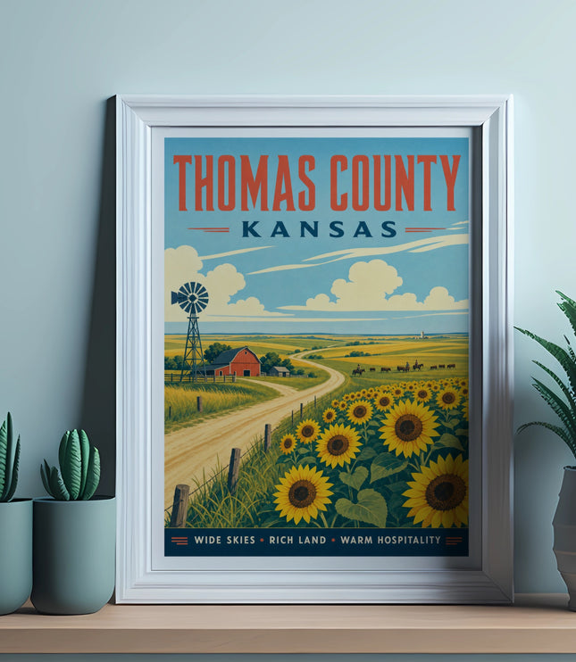 Thomas County, Kansas poster with sunflowers, windmill, and farm.