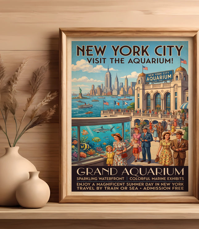 New York City Grand Aquarium poster with skyline, people, and marine exhibits.
