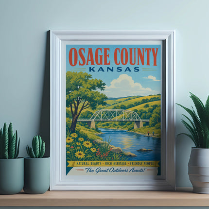 Osage County Kansas vintage travel poster with bridge and river.