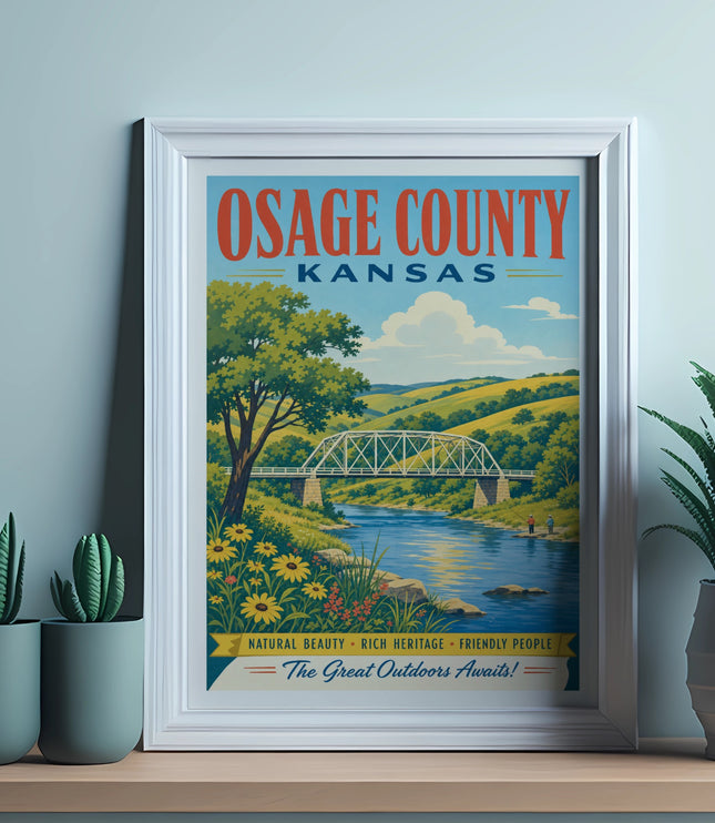 Osage County Kansas vintage travel poster with bridge and river.