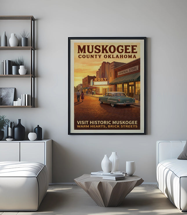 Poster of Muskogee County Oklahoma with Roxy theater and vintage car.